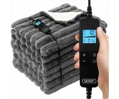 Fuzzo Didelė elektrinė antklodė 180x160 cm dviem asmenims, pliušas ir flanelė, 160W šildymas, LCD valdymas, 10 temperatūros nustatymų, 10 valandų laikmatis, elektrinis šildomas užtiesalas, šildanti antklodė lovai