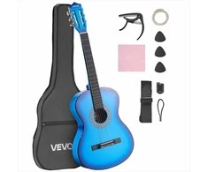 Klasikinės gitaros pradedančiųjų rinkinys, viso dydžio 960 mm instrumentas su nailoninėmis stygomis, dėklu ir derintuvu, mėlynos spalvos liepos medienos klasikinės gitaros rinkinys pradedantiesiems