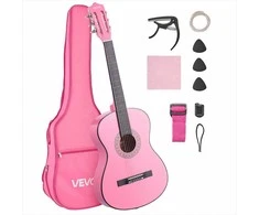 Klasikinės gitaros pradedančiųjų rinkinys, pilno dydžio 960 mm liepos medienos instrumentas su nailoninėmis stygomis, dėklu ir derintuvu, rožinis klasikinis gitaros rinkinys