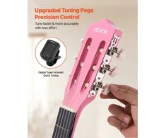 Klasikinės gitaros pradedančiųjų rinkinys, pilno dydžio 960 mm liepos medienos instrumentas su nailoninėmis stygomis, dėklu ir derintuvu, rožinis klasikinis gitaros rinkinys