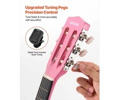 Klasikinės gitaros pradinis rinkinys pradedantiesiems, 780 mm liepos medienos instrumentas su nailoninėmis stygomis, komplekte derintuvas dėklas diržas kapodasteris papildomos stygos mediatoriai, rožinis gitaros rinkinys