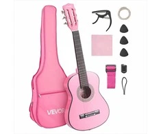Klasikinės gitaros pradinis rinkinys pradedantiesiems, 780 mm liepos medienos instrumentas su nailoninėmis stygomis, komplekte derintuvas dėklas diržas kapodasteris papildomos stygos mediatoriai, rožinis gitaros rinkinys