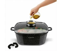 Kvadratinis keraminis puodas 24 cm su aromatizatoriumi ir silikoninėmis rankenų apsaugomis, tinkamas indukcijai 4.9 L, kvadratinis kepimo indas, troškintuvas