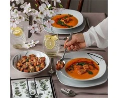 Kvadratinis porcelianinių lėkščių rinkinys 6 asmenims, saugus mikrobangų krosnelei, saugus indaplovei, modernus dizainas, kvadratinės pietų lėkštės, porcelianinių indų komplektas, stalo servizas