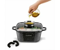 Kvadratinis puodas su keramine danga ir stikliniu dangčiu su aromatizatoriumi, tinkamas indukcijai, 3 litrų talpa, virtuvės indas troškinimui