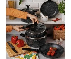Marmuro efekto indų rinkinis indukcijai, 10 dalių neprisvylantys aliuminio puodai ir keptuvės, marmuriniai indai, akmens dangos puodų komplektas, virtuvės reikmenys