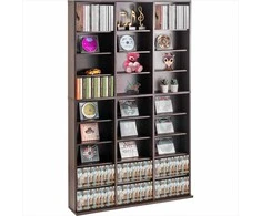 Medijos laikymo spintelė DVD ir CD diskams, reguliuojamos lentynos, espreso spalvos apdaila, medijos lentyna, DVD stovas, CD organizatorius
