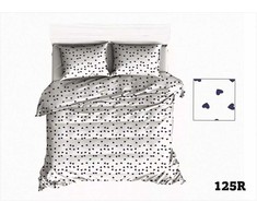 Medvilninė patalynė 200x220, balta su tamsiai mėlynomis širdelėmis, minkštas medvilninis antklodės užvalkalas, 2 pagalvių užvalkalai, raštuota patalynė, patogi patalynė, patalynės komplektas