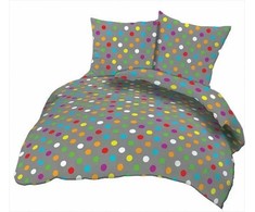 Medvilninis gofruotos tekstūros patalynės komplektas, 200x220 cm antklodės užvalkalas su pagalvėmis, pilkas taškuotas raštas, užsegimas sagomis, 140 g/m², svečių namams ir dovanoms, minkšta patalynė