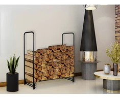 Metalinis malkinės stovas Mansur, milteliniu būdu dengtas plienas, 122 cm aukščio, juodas, malkų laikiklis namams, malkinė dėžė