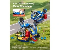 Motociklo mechaniko žaislas vaikams su išimamomis dalimis, šviesomis ir garsais, 6 viename transformuojamas žaidimas, mėlynas motociklo variklio žaislas, vaikiškų dirbtuvių rinkinys