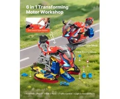 Motociklo mechaniko žaislas vaikams su nuimamomis dalimis, šviesomis ir garsais, STEM mokymosi rinkinys su lenktynių trasa, 6-in-1 žaidimas, motociklo variklio žaislas, vaikiškų dirbtuvių rinkinys, mechaniko žaislas mažyliams