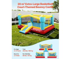 Pripučiamas batutas vaikams su čiuožykla ir krepšinio lanku, patvari Oksfordo audinio pripučiama pilis, 4.48 m x 4.20 m x 2.07 m žaidimų palapinė kiemui