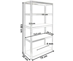 Sandėliavimo stelažas, 5 lentynos, juodas, 150x75x30 cm, 625 kg, lentynų blokas, garažo lentynos, metalinis stelažas, sandėliavimo lentynos