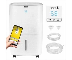 Secco Oro sausintuvas su integruotu siurbliu iki 150 m², 60 L per dieną, Wi-Fi valdymas, „trys viename“ džiovinimas ir oro gryninimas, automatinis oro sausintuvas, drėgmės reguliatorius, buitinis drėgmės surinkėjas
