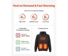 Šildomas džemperis su gobtuvu vyrams ir moterims, nešiojama žiemos šiluma, unisex įkraunama šildoma striukė su 5 šildymo zonomis ir 3 temperatūros lygiais
