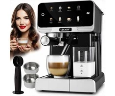 Slėginis kavos aparatas 20 bar 1350W automatinis su LED ir thermoblock, nerūdijančio plieno namų espresso aparatas, daugybė gėrimų programų, automatinis kavos virimo aparatas namų baristai