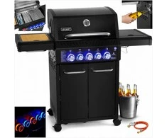 Sodo dujinis grilis ketaus nerūdijantis plienas 3+2 degikliai maisto gaminimui lauke, didelė galia 17.65 kW su spinta balionui, nerūdijančio plieno sodo kepsninė su šonine lentyna, lauko virtuvė