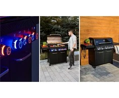 Sodo dujinis grilis su ketaus grotelėmis ir nerūdijančiu plienu, 5+2 degikliai, 24.65 kW, spintelė dujų balionui, didelis kepimo plotas, kepsninė laukui