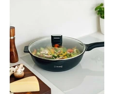 Starke Pro Indukcinė wok keptuvė su dangčiu 30 cm, neprisvylanti aliuminio keptuvė, 30 cm wok keptuvė indukcijai, gili keptuvė su stikliniu dangčiu