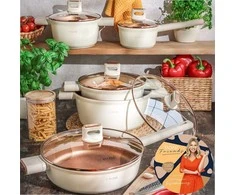 Starke Pro Indukcinių indų rinkinys, 10 dalių nepridegančių puodų ir keptuvių kolekcija, smėlio spalvos su vario akcentais, indukcinių puodų rinkinys, nepridegančių indų komplektas, 10 dalių virtuvės rinkinys gaminimui