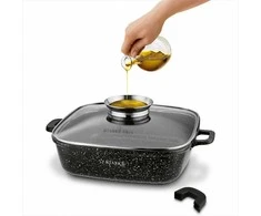 Starke Pro Kvadratinis neprisvylantis puodas indukcijai, universalus gaminimas, su stikliniu dangčiu ir aromatizatoriumi, kvadratinis indukcinis indas, neprisvylantis kvadratinis puodas, marmurinis troškintuvas
