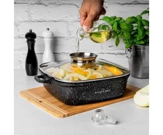 Starke Pro Kvadratinis neprisvylantis puodas indukcijai, universalus gaminimas, su stikliniu dangčiu ir aromatizatoriumi, kvadratinis indukcinis indas, neprisvylantis kvadratinis puodas, marmurinis troškintuvas