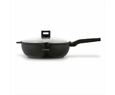 Starke Pro Wok keptuvė indukcinei viryklei, neprisvylanti 32 cm, stiklinis dangtis su anga, universali keptuvė troškinimui, šeimyninė wok keptuvė
