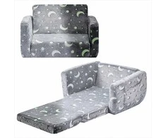 Sulankstoma vaikiška sofa su tamsoje švytinčiu audiniu skaitymui ir žaidimams, ypač plati sėdynė, nešiojama sofa mažyliams, tamsoje švytinti vaikiška sofa, transformuojamas vaikiškas gultas