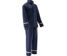 Tamsiai mėlynas kostiumas nuo lietaus, S dydis, tampri medžiaga, atspindinčios juostelės, dviejų dalių apranga nuo lietaus