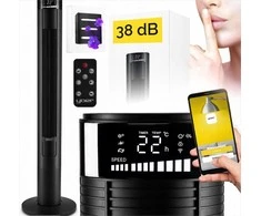 Tylus bokštinis ventiliatorius su Wi-Fi, jonizacija ir aromaterapija, 10 m oro srautas, 3 greičiai, 90° osciliacija, tylus pastatomas ventiliatorius, Wi-Fi koloninis ventiliatorius, jonizuojantis ventiliatorius