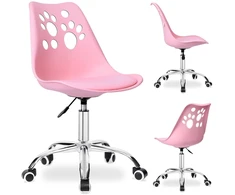 Vaikiška sukamoji kėdė ant ratukų, rožinė, reguliuojamo aukščio, ergonomiška, su katės letenėlių raštu, biuro kėdė, kompiuterio kėdė, rašomojo stalo kėdė