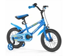 Vaikiškas dviratis 35,56 cm, BMX stiliaus, dviratininkams nuo 90 iki 115 cm, su pagalbiniais ratukais, patvarus daug anglies turinčio plieno rėmas, mėlynas vaikiškas dviratis