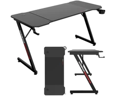 Žaidimų stalas 140 cm su kilimėliu, puodelio laikikliu, ausinių kabliu, juodas kompiuterio stalas, ergonomiška žaidimų stotis, PC stalas, konsolės stalas