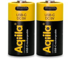 Aqiila - Įkraunama USB-C baterija - CR123A dydis - 750 mAh - 2 vnt. pakuotėje