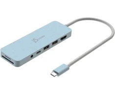 J5create – ekologiškas USB-C kelių prievadų šakotuvas su maitinimo šaltiniu – žydras
