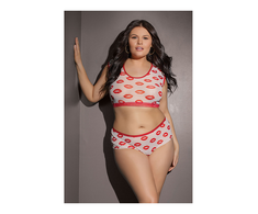 Coquette Leg Avenue Plus Size Lip Print Crop Top and Shorts Set Baltas