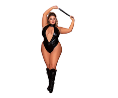 Dreamgirl Plus Size Faux Halter Teddy &amp; Flogger Set, Juodas, Adjustable Fit