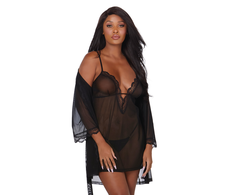 Dreamgirl Stretch Mesh Chemise &amp; Robe Set S - Adjustable Straps, Lace Trim