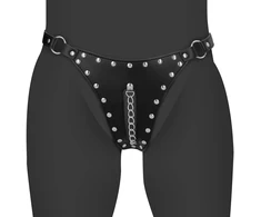 Ouch By Shots PU Leather Chastity Thong with Chain Detail - Juodas