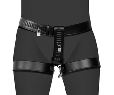 Ouch By Shots PU Leather Female Chastity Belt with Leg Restraint - Juodas