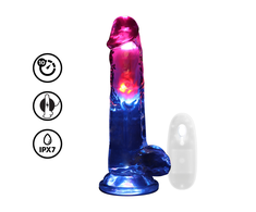 Realrock By Shots LED vibruojantis tiesus penis su kamuoliukais - 20 cm - permatomas