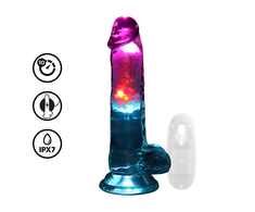 Realrock By Shots LED vibruojantis tiesus penis su kamuoliukais - 7" / 18 cm - permatomas