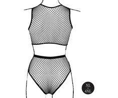 Shots Ouch! OSX Juodas Two-Piece Set with Crop Top, Panty &amp; Fishnet Design XL-4XL