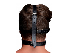 Xr Brands Sex &amp; Mischief Blindfold Harness with Raudona Ball Gag Adjustable Juodas