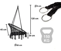 Boho stiliaus pakabinamas krėslas 80 cm | 150 kg | spalva: juoda