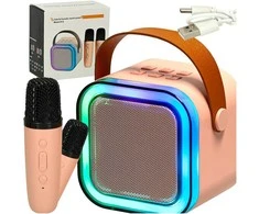Ikonka Karaokės rinkinys 2 mikrofonai + nešiojamas garsiakalbis BLUETOOTH USB LED rožinis