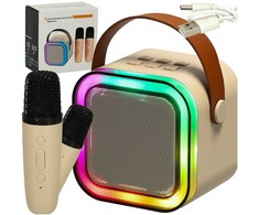 Ikonka Karaokės rinkinys 2 mikrofonai + nešiojamas garsiakalbis BLUETOOTH USB LED smėlio spalvos