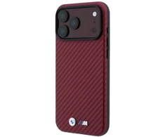 BMW M Carbon Metal Logo MagSafe dėklas, skirtas iPhone 17 Pro Max / 18 Pro Max – Bordo
