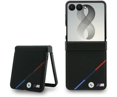 BMW M PU Perforated Tricolor Stripe Magnetic dėklas Samsung Galaxy Z Flip 8 juodos spalvos